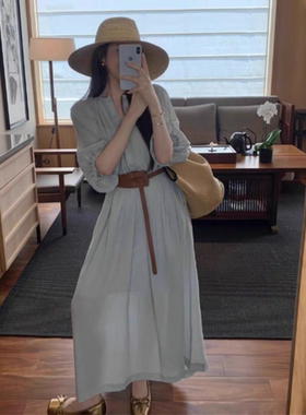 新款韩版宽松显瘦V领长袖连衣裙女百搭休闲中长裙