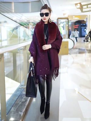 针织开衫毛衣外套女秋冬网红羊毛毛领披肩冬季外搭加厚斗篷式上衣