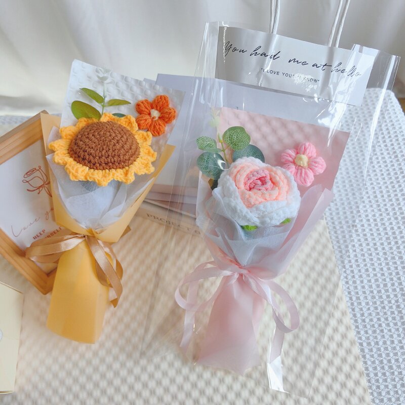 手工毛线针织花成品编织玫瑰花向日葵中秋节送朋友顾客小花束礼物