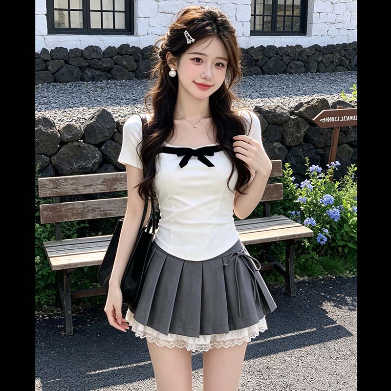 法式甜美蝴蝶结方领短袖T恤女夏季小个子减龄显瘦约会套装两件套