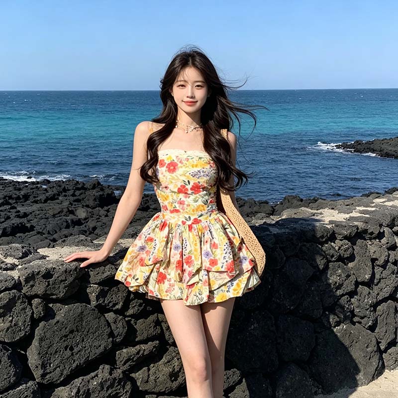 夏日多巴胺甜美碎花抹胸连衣裙小个子时尚设计感收腰蓬蓬短裙