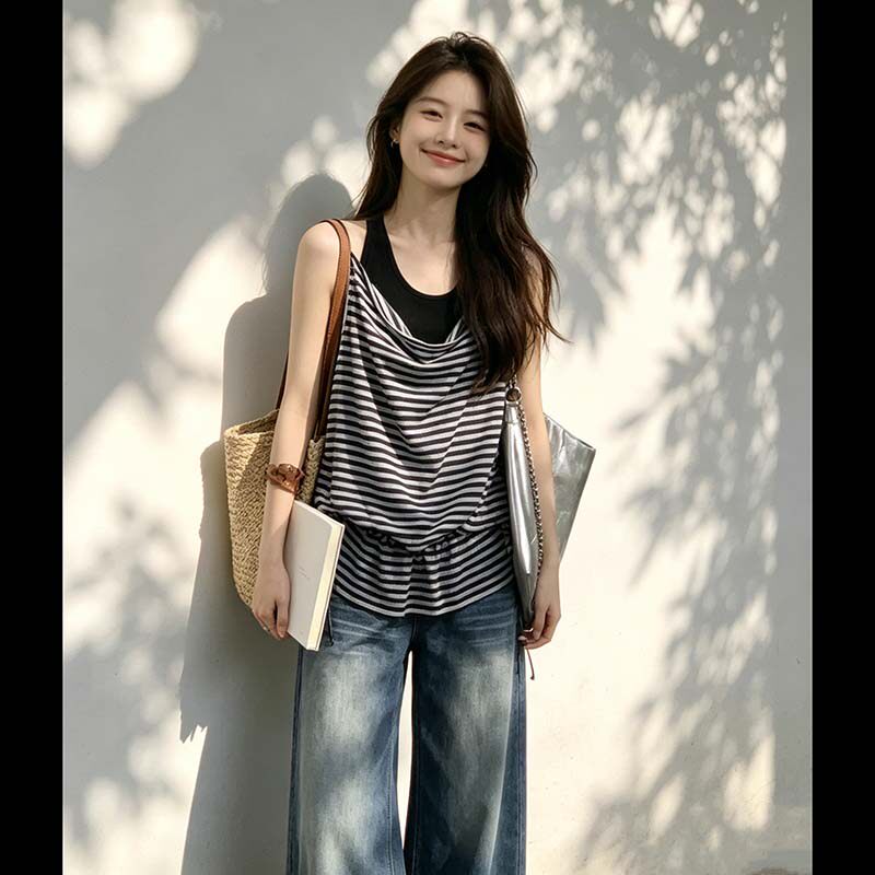 韩系条纹荡领吊带背心女夏外穿宽松慵懒风休闲显瘦松弛感无袖上衣