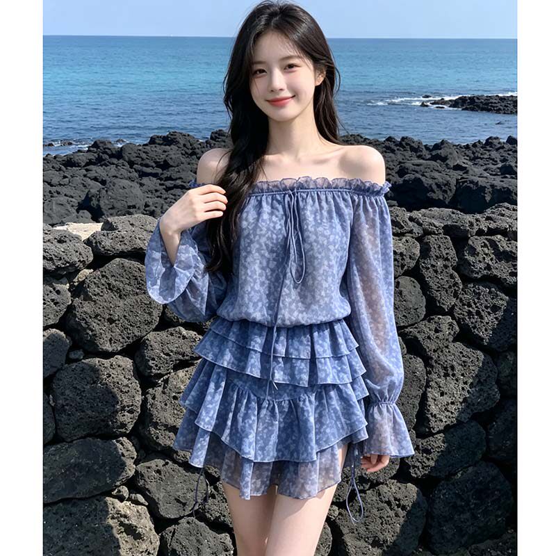 夏季一字肩碎花蛋糕裙两件套
