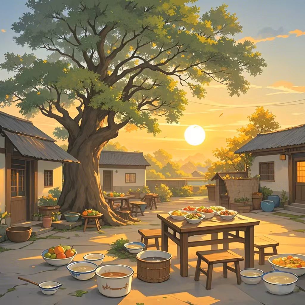 仿真老家的庭院插画香樟树的风景贴纸画室家居门窗餐厅不干胶贴纸