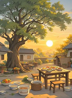 仿真老家的庭院插画香樟树的风景贴纸画室家居门窗餐厅不干胶贴纸