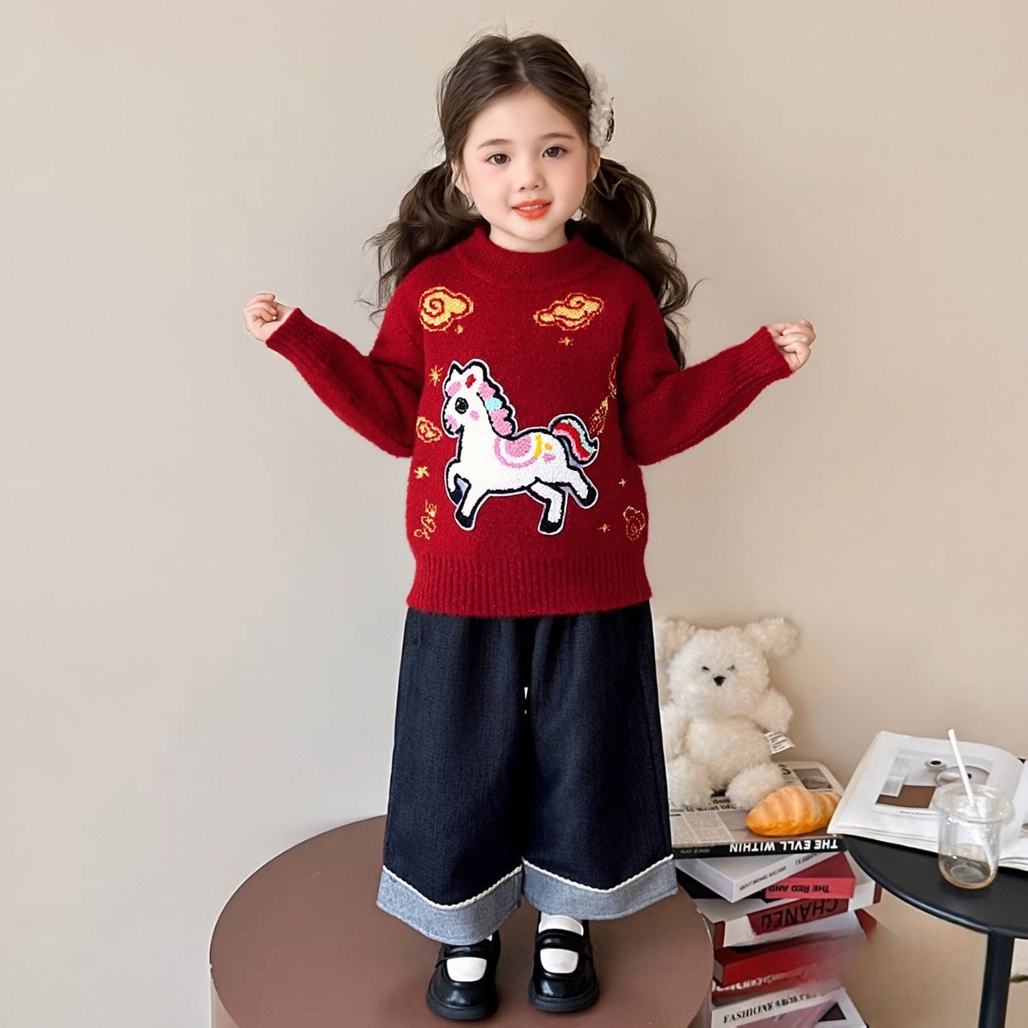 2025女童红色加绒加厚针织衫毛衣新年水貂绒男童洋气保暖秋冬上衣,童装/婴儿装/亲子装,毛衣/针织衫,淘宝优惠券,粉丝福利购,淘宝优惠卷