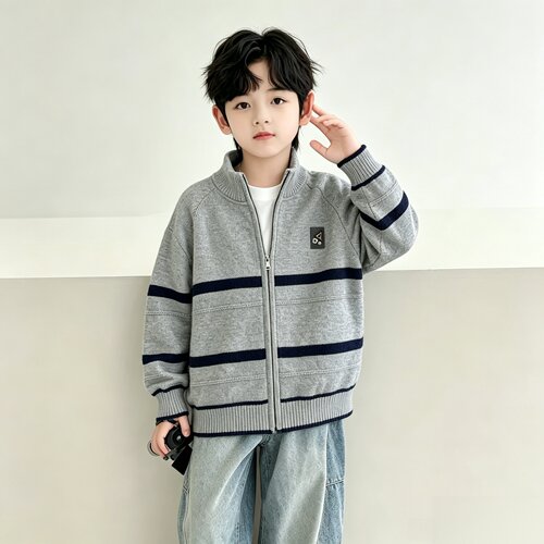 男童针织开衫春秋2026新款儿童冬季韩系条纹拉链外套帅气男孩衣服