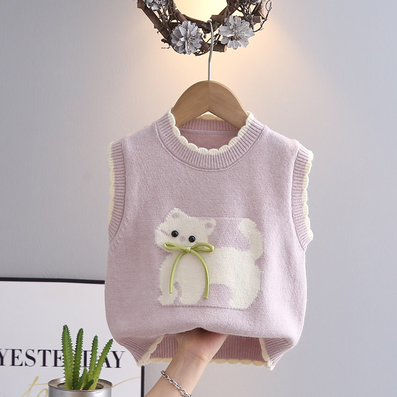 童装女童毛衣背心2024新款可爱小猫甜美洋气儿童针织马甲外穿童装