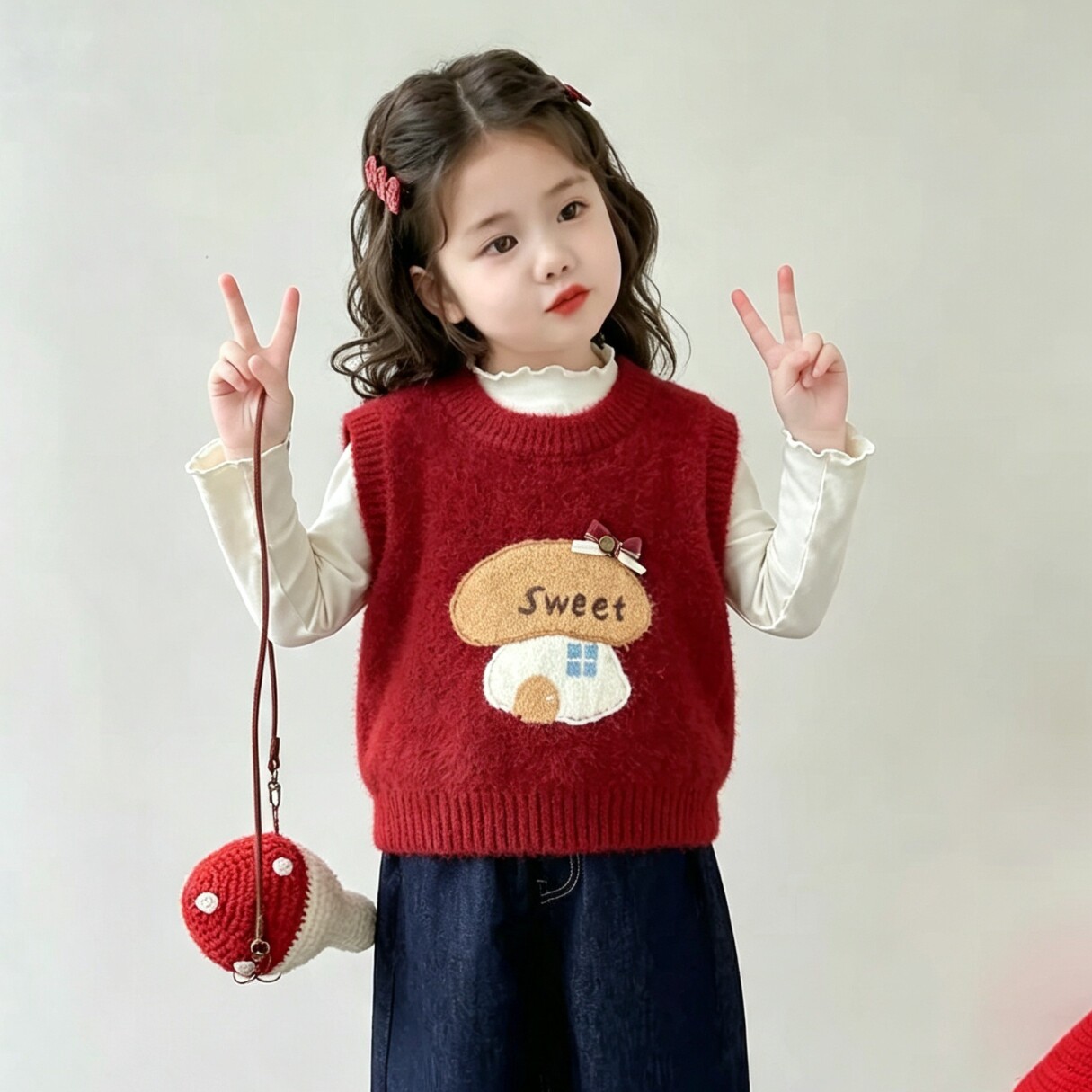 女童背心外穿针织圆领小童2026新款秋装女宝宝毛衣马甲红色卡通潮