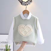 洋气背心马甲衬衣针织衫 女童套装 儿童韩版 新款 桃心两件套 2025春季