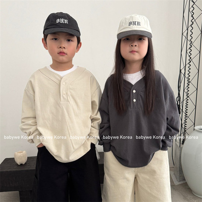 OUR纽扣半开襟纯棉长袖棒球T恤