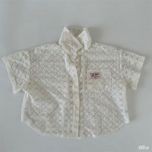 ellymolly▲BabyWe韩国代购童装夏格子圈圈半透口袋短袖衬衫上衣