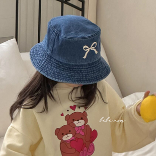 BabyWe韩国代购春季新款儿童半糖微甜蝴蝶结渔夫帽牛仔帽子成人