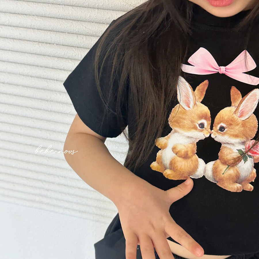 boboj▲BabyWe韩国代购女童夏季萌趣小兔子蝴蝶结短款短袖露脐t恤