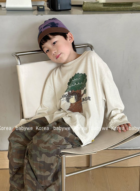 GOU▶Babywe韩国代购童装25秋季儿童萌趣树洞狗狗亲子纯棉长袖T恤