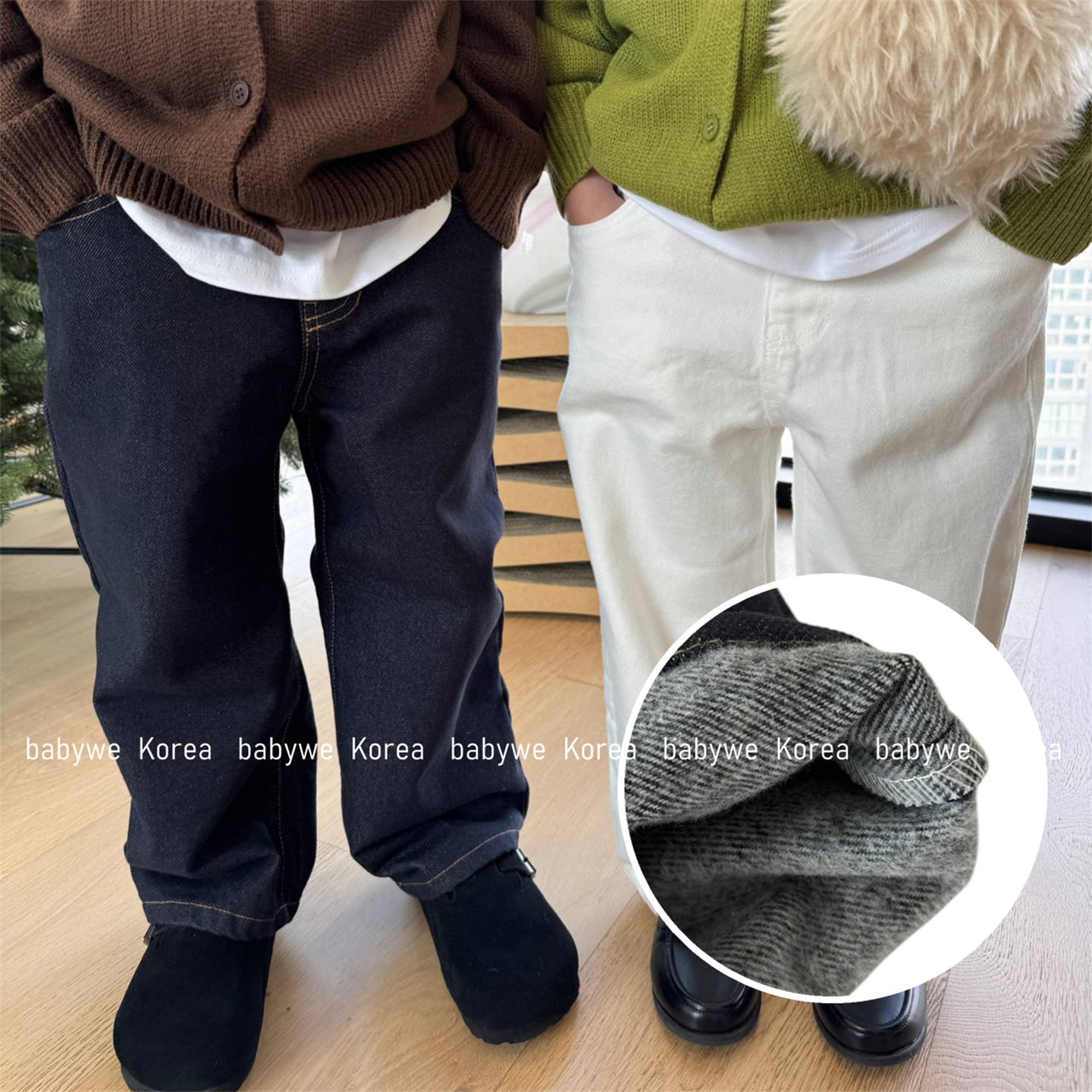 OUR▶BabyWe韩国代购童装韩系利落感冬刷绒儿童休闲裤原色牛仔裤