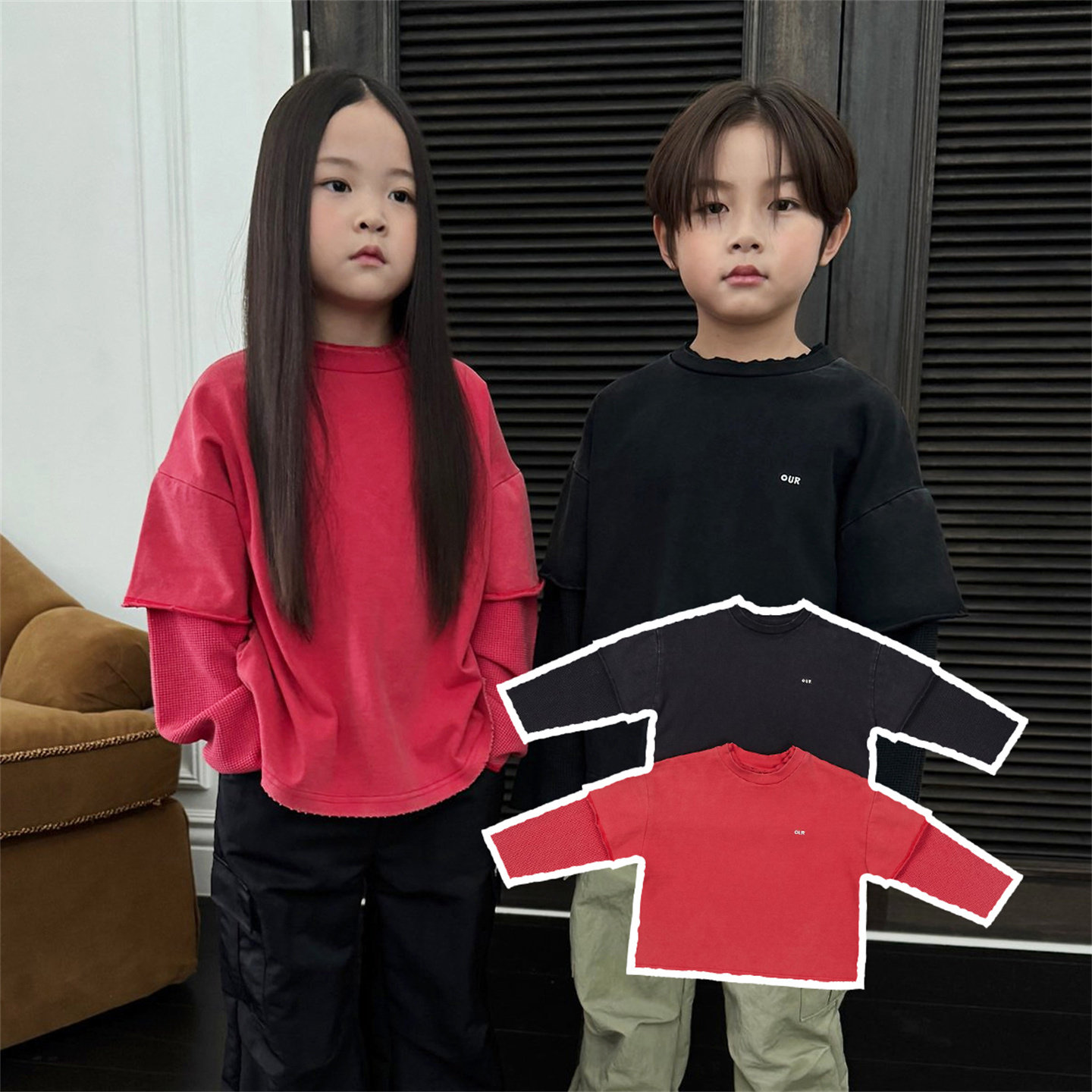 OUR▶BabyWe韩国代购儿童秋季华夫格拼接袖洗色纯棉假两件长袖T恤