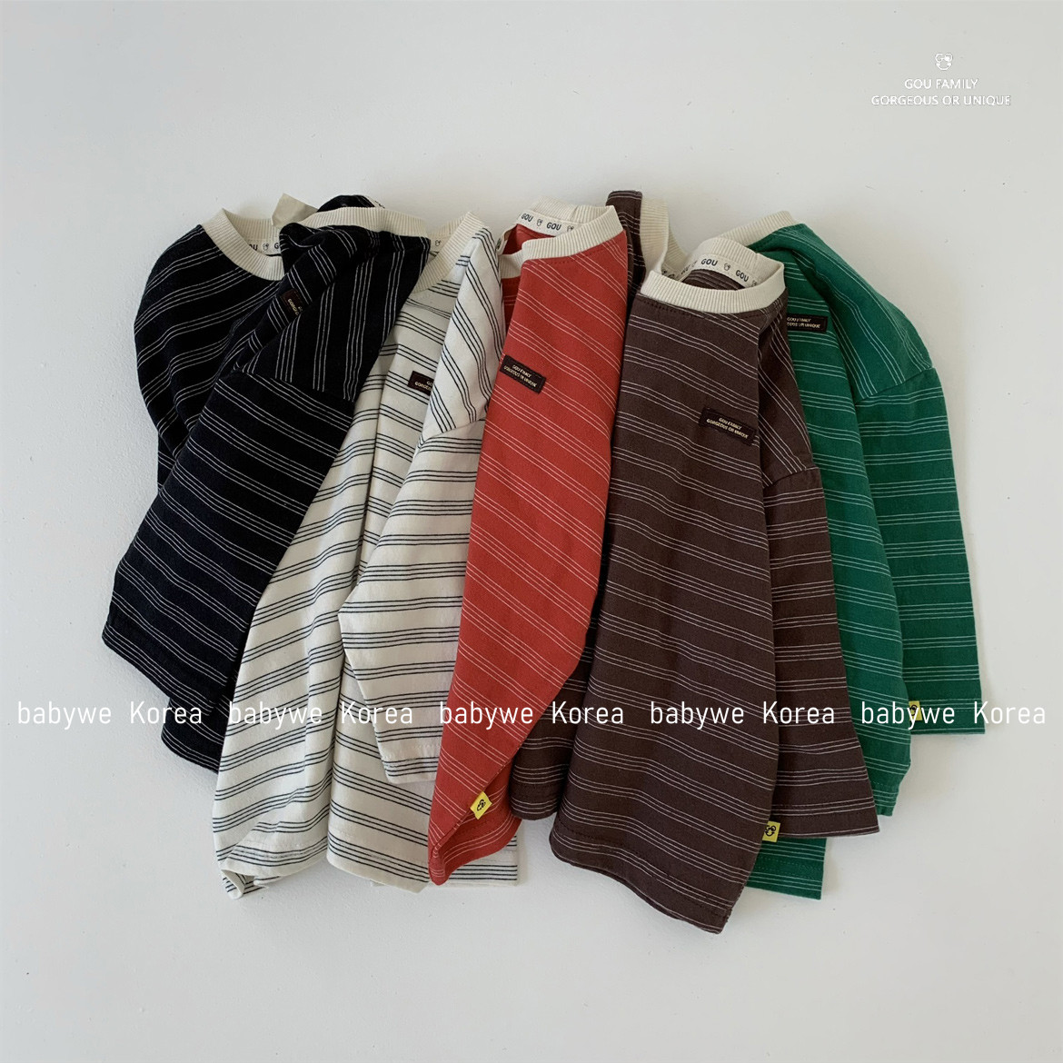 GOU▶BabyWe韩国代购童装25秋季专属色条纹logo纯棉长袖T恤亲子款
