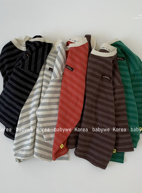 GOU▶BabyWe韩国代购童装25秋季专属色条纹logo纯棉长袖T恤亲子款