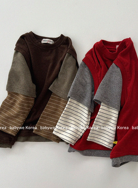 GOU▲BabyWe韩国代购25冬季新款儿童假两件条纹弹力长袖t恤