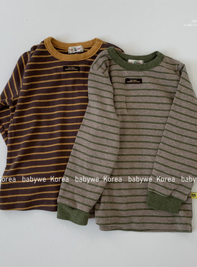 GOU▼babywe韩国代购童装25秋季儿童撞色条纹包边纯棉弹力长袖T恤