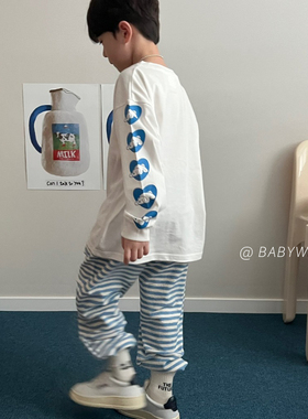 AMA▲BabyWe韩国童装儿童可爱狗狗柔软舒适条纹毛巾棉春秋卫裤