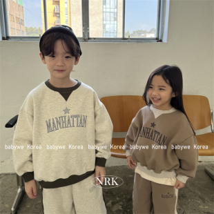NRK▲BabyWe韩国代购童装25冬季儿童字母星星撞色加绒卫衣裤套装