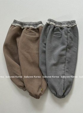 GOU▲BabyWe韩国代购25冬新款儿童加绒复古纯色拼接收口卫裤