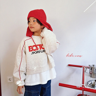 Ellymolly▲BabyWe韩国代购童装儿童冬季加绒BOSTON字母短款卫衣