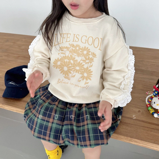 Hans▲BabyWe韩国童装女童春秋甜美手绘花朵纯棉柔软卫衣上衣