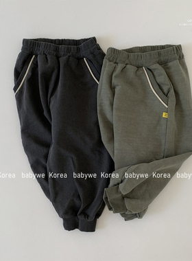 GOU▶BabyWe韩国代购童装25秋儿童嵌条插袋水洗纯棉束口卫裤长裤