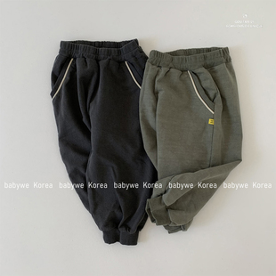 GOU▶BabyWe韩国代购童装25秋儿童嵌条插袋水洗纯棉束口卫裤长裤
