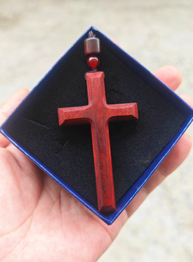 原创雕刻磨边檀木十字架吊坠项链