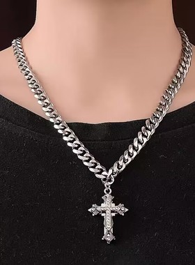 钛钢男士项链十字架拼接古巴链吊坠款不锈钢嘻哈项链高级感不掉色