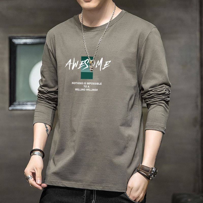 春秋款长袖t恤男士潮牌印花上衣2025春季圆领纯色体恤衫时尚百搭