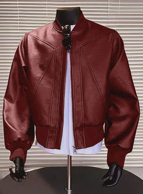 美式复古红色机车皮衣外套男秋冬短款痞帅高级感夹棉加厚棉服夹克