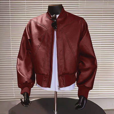 美式红色机车皮衣外套厚棉服夹克