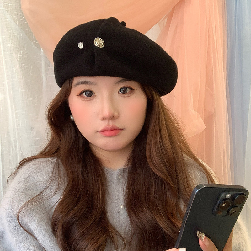 ［大头阿枝］新款贝雷帽女羊绒毛呢秋冬折痕两扣大头围显脸小帽子