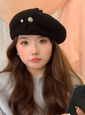 ［大头阿枝］新款贝雷帽女羊绒毛呢秋冬折痕两扣大头围显脸小帽子