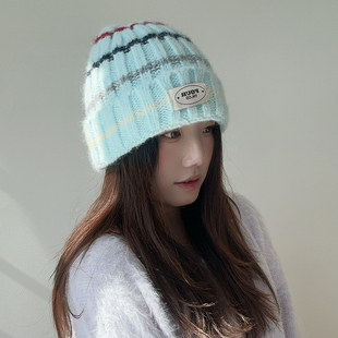 ［大头阿枝］FOUR爱心布标毛线帽冷帽秋冬大头围女保暖条纹针织帽