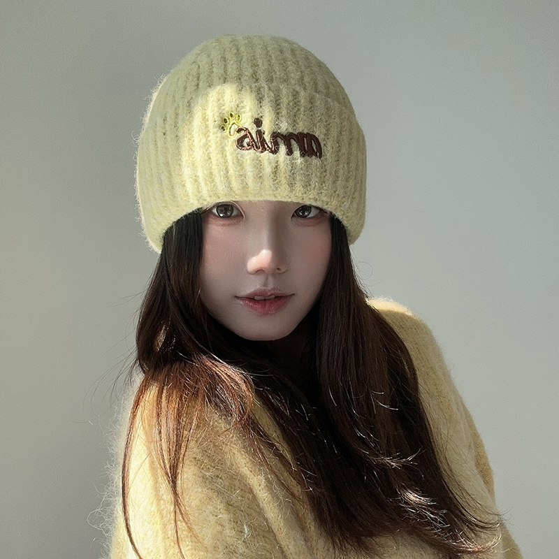 ［大头阿枝］amis爪印刺绣毛线帽冷帽秋冬大头围女保暖护耳针织帽
