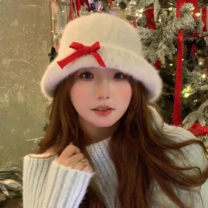 ［大头阿枝］渔夫帽子红色蝴蝶结礼帽女大头围翻檐毛绒盆帽显脸小