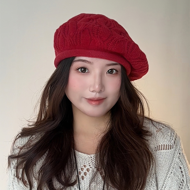 ［大头阿枝］秋冬纯色画家帽大头围卷边贝雷帽女韩系麻花针织帽子