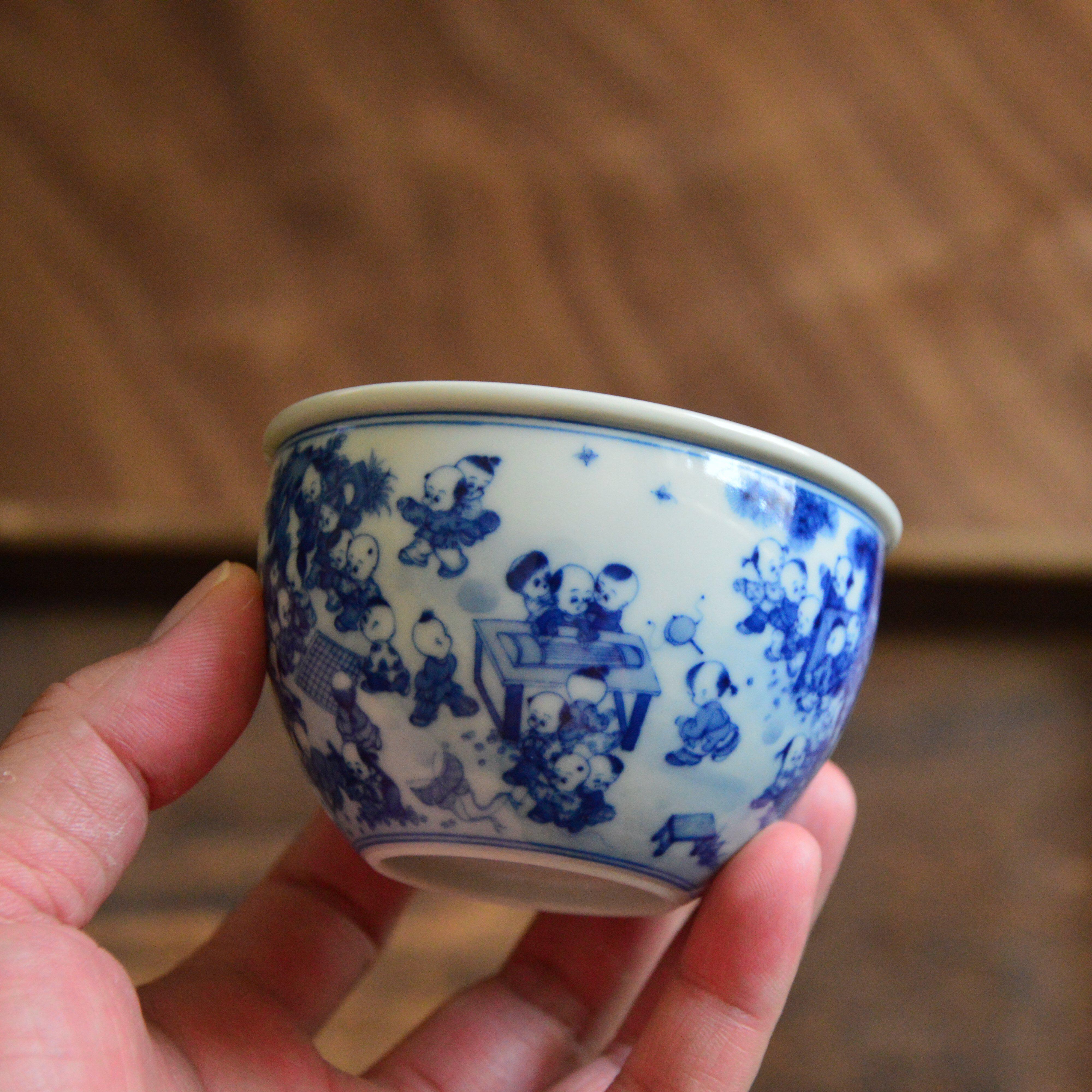 慢生堂全手工柴窑青花百子缸杯景德镇陶瓷茶具手绘茶杯主人杯微瑕
