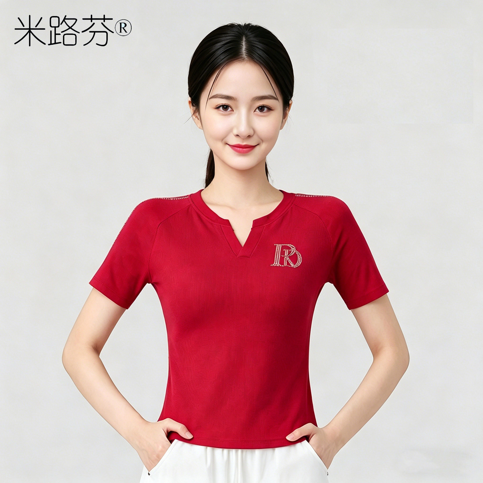 广场舞服装春夏新款V领烫钻休闲运动健身跳操舞蹈显瘦短袖上衣女