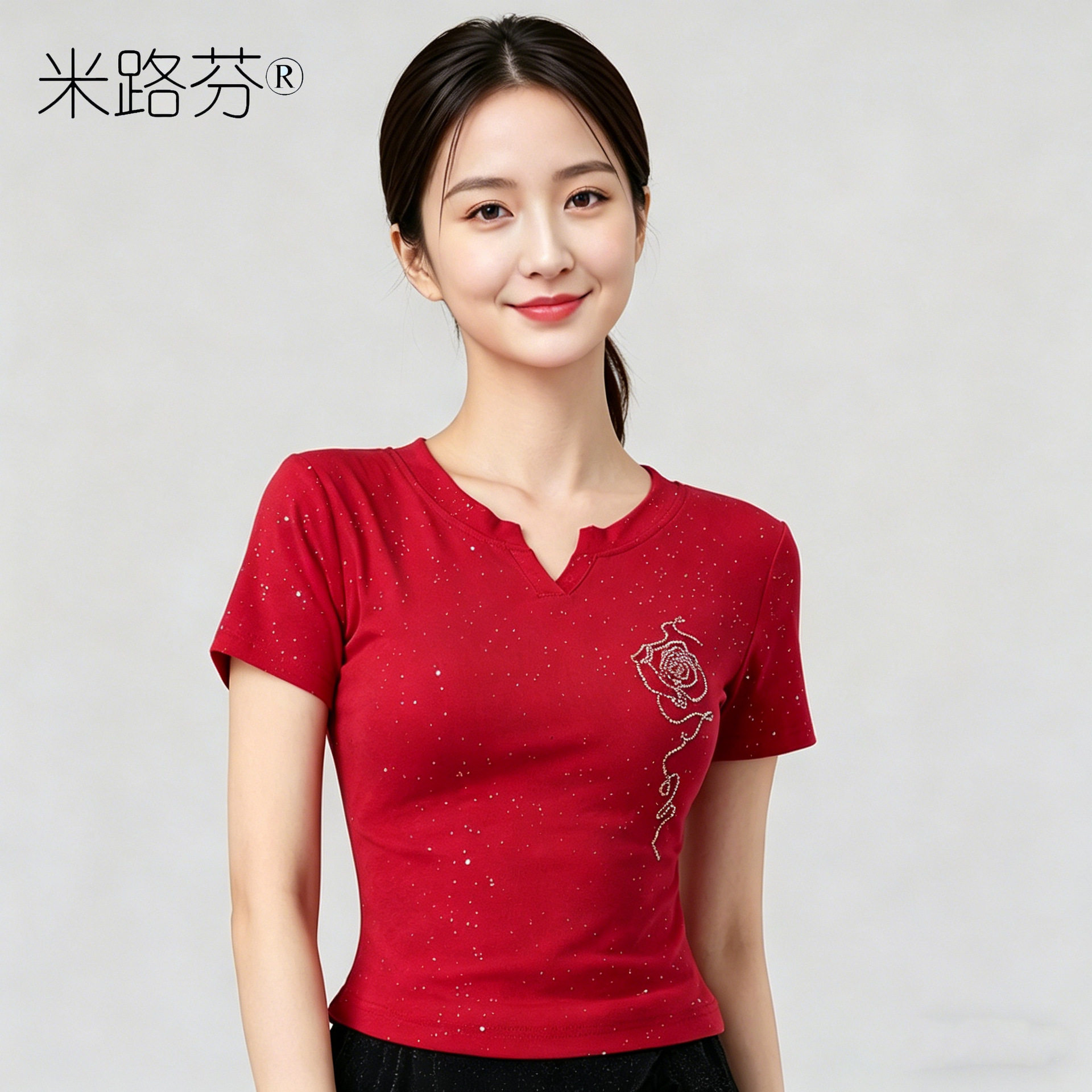 夏季新款广场舞短袖银洒闪钻休闲显瘦修身运动健身跳舞T恤上衣女