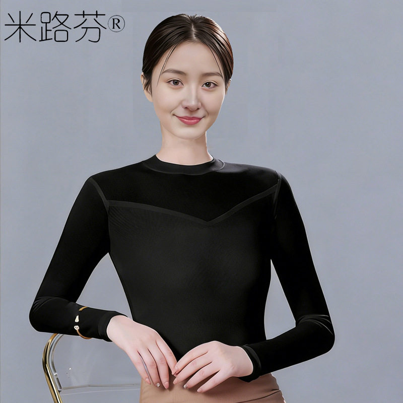 外穿内搭气质上衣黑色百搭修身圆领长袖打底衫女t恤网纱跳舞上衣