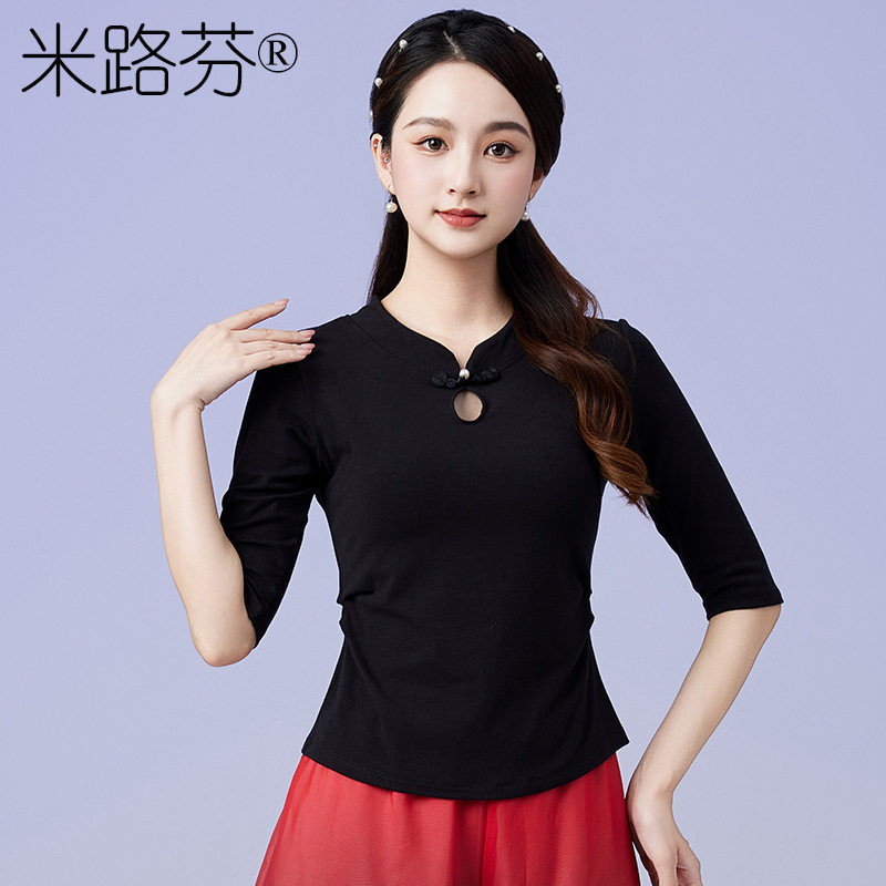 网红推荐广场舞服装新款中袖上衣民族风古典舞中国风跳舞T恤百搭