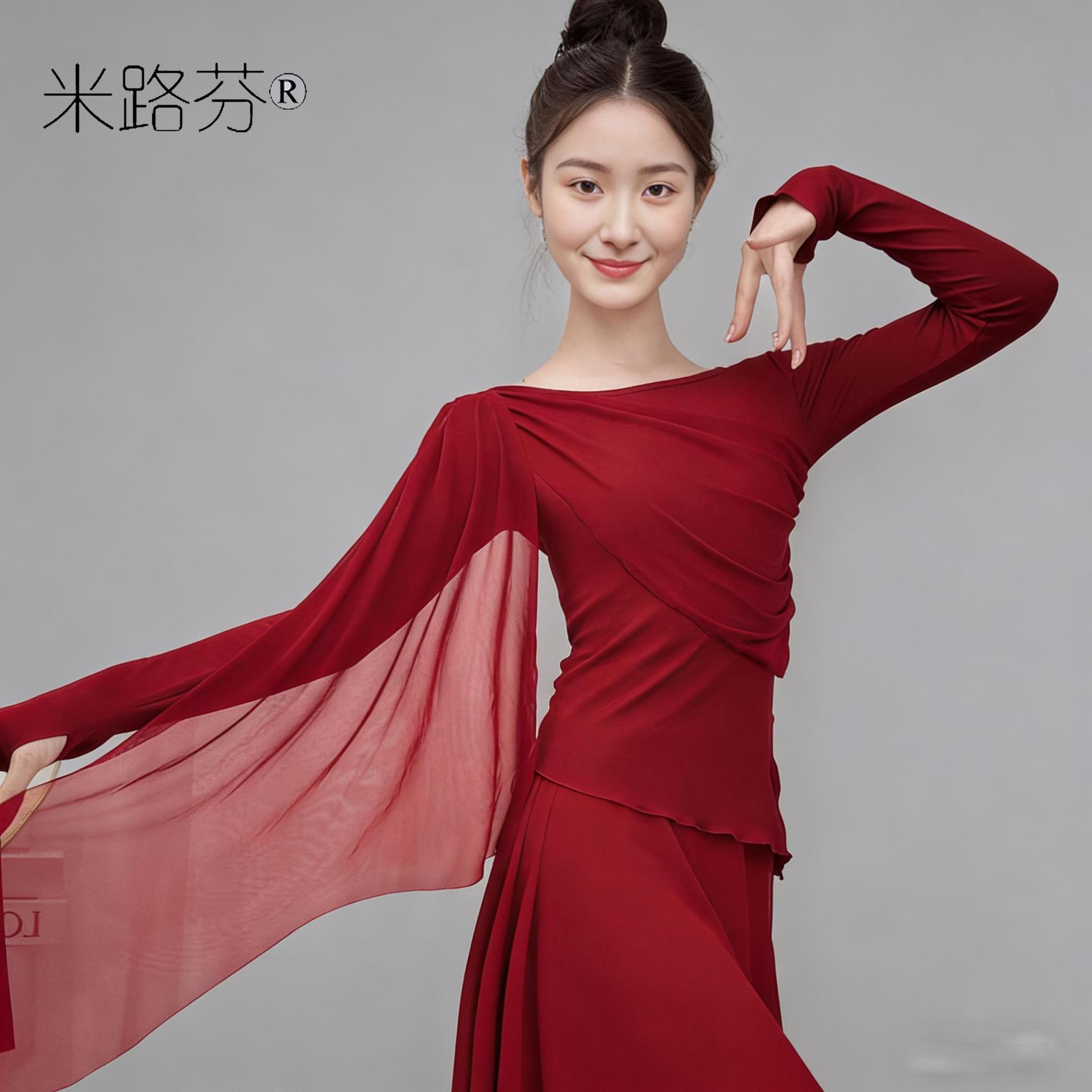 新款古典舞女长袖上衣现代舞表演中国舞形体身韵服水纱袖练功服