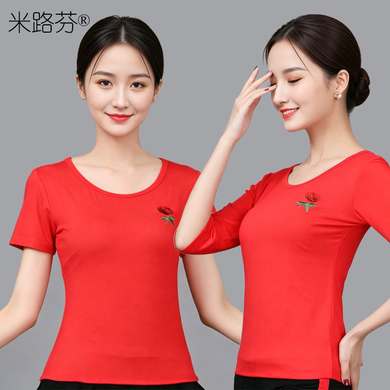 广场舞夏季短袖T恤女圆领上衣女中老年交谊舞运动健身跳舞服半袖